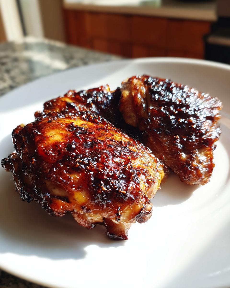 Close-up of three beautifully glazed and caramelized marinated chicken thighs resting on a white plate.