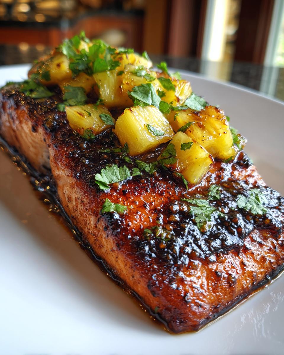 Close-up of a perfectly glazed pineapple salmon fillet topped with caramelized pineapple chunks and fresh cilantro.