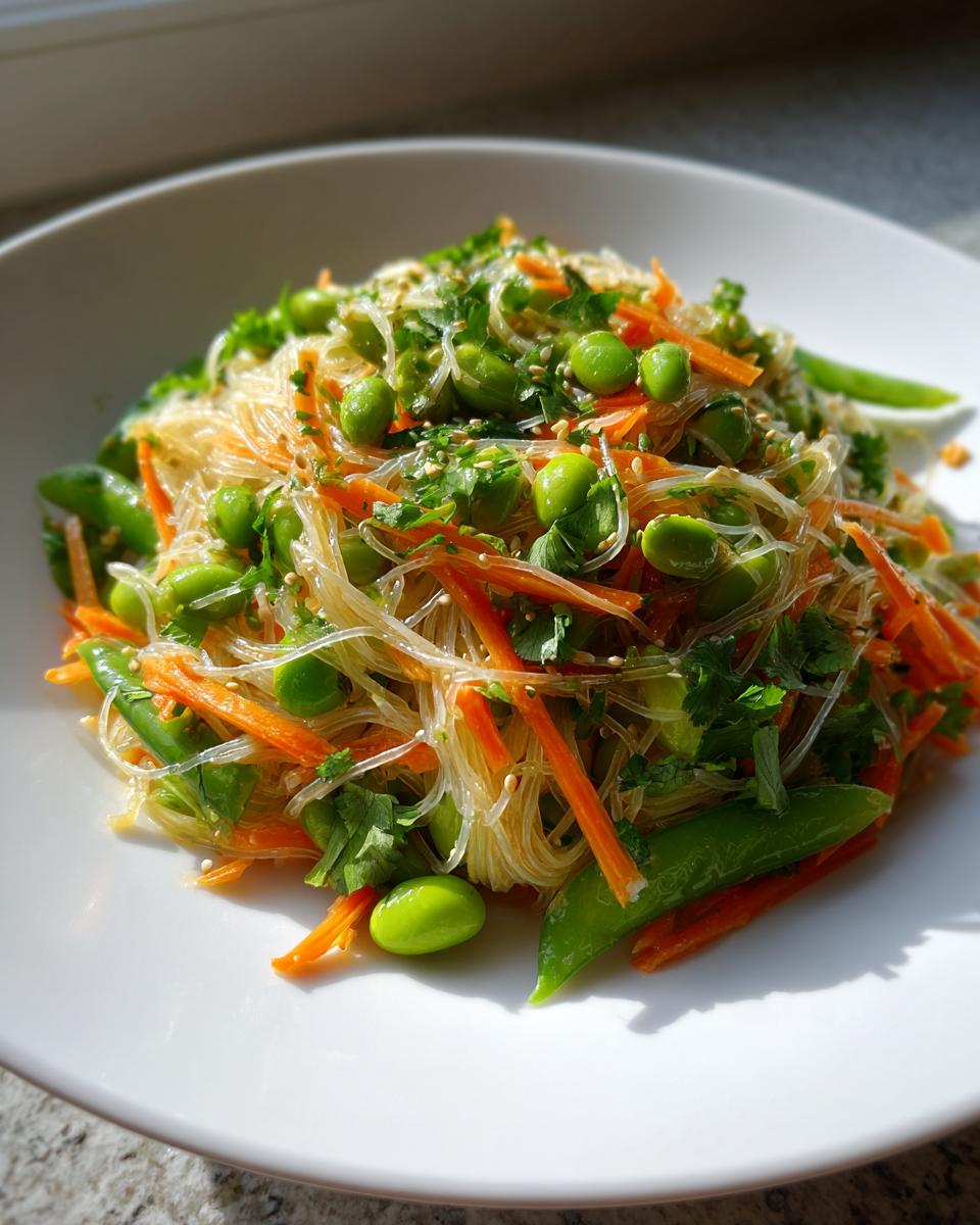 A close-up of a vibrant asian edamame salad featuring glass noodles, shredded carrots, edamame, and fresh herbs.
