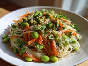 Close-up of a vibrant asian edamame salad featuring glass noodles, shredded carrots, bright green edamame, and sesame seeds.
