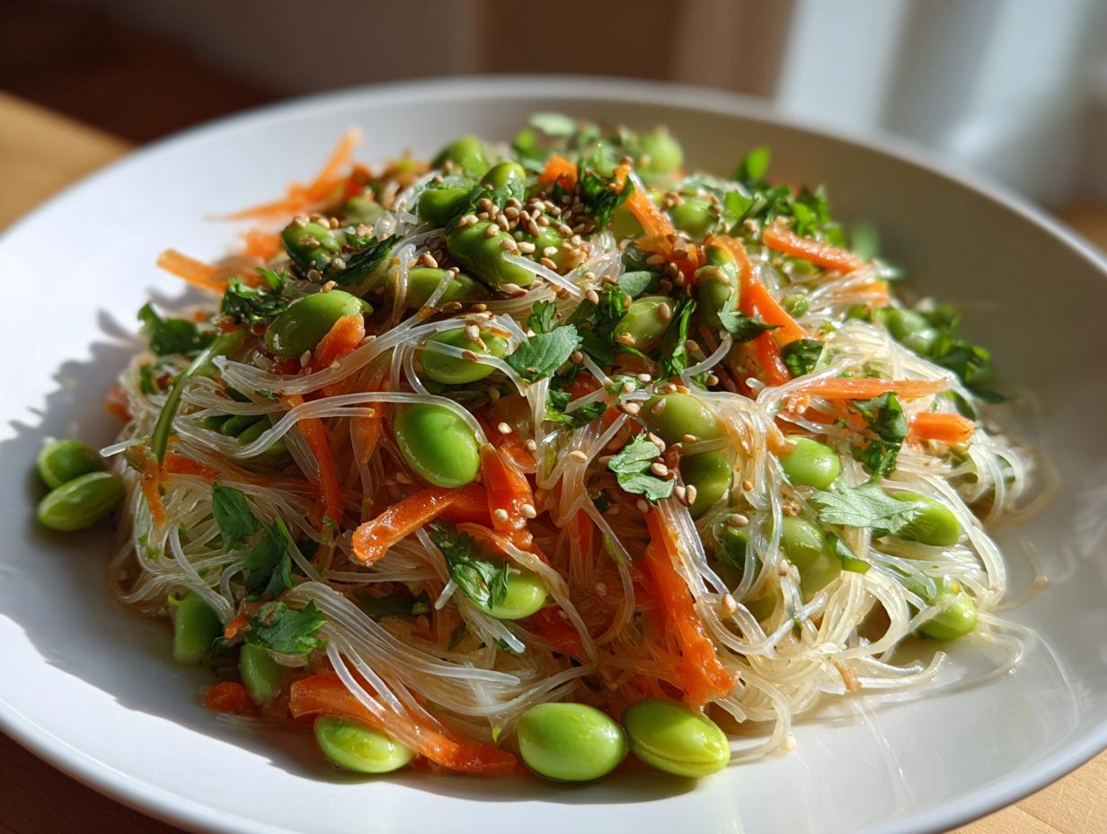 Close-up of a vibrant asian edamame salad featuring glass noodles, shredded carrots, bright green edamame, and sesame seeds.
