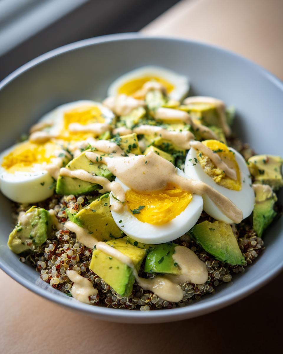 A close-up view of a healthy avocado egg quinoa bowl topped with creamy dressing and herbs.