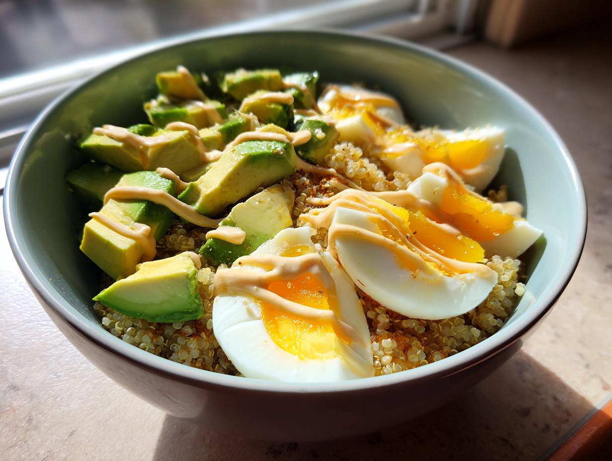 A vibrant avocado egg quinoa bowl featuring sliced avocado, soft-boiled egg wedges, and a creamy orange drizzle.