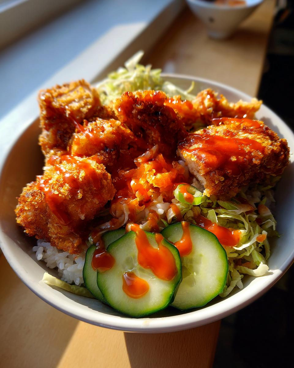 A close-up of a Bang Bang Chicken Bowl featuring crispy fried chicken pieces drizzled with orange sauce over rice, shredded cabbage, and cucumber slices.
