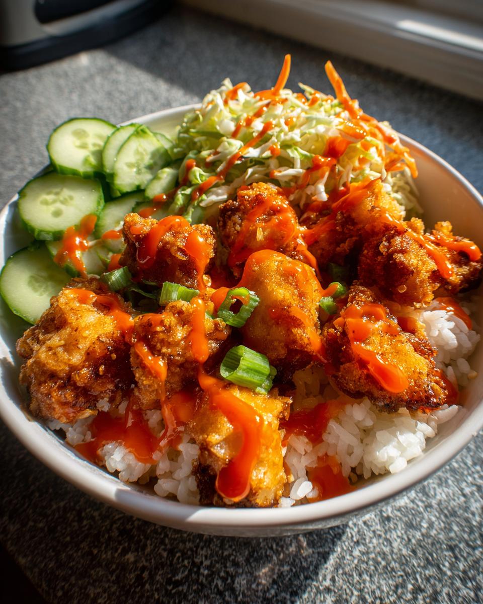 A close-up of a delicious bang bang chicken bowl featuring crispy fried chicken pieces over rice, topped with sauce, slaw, and cucumbers.