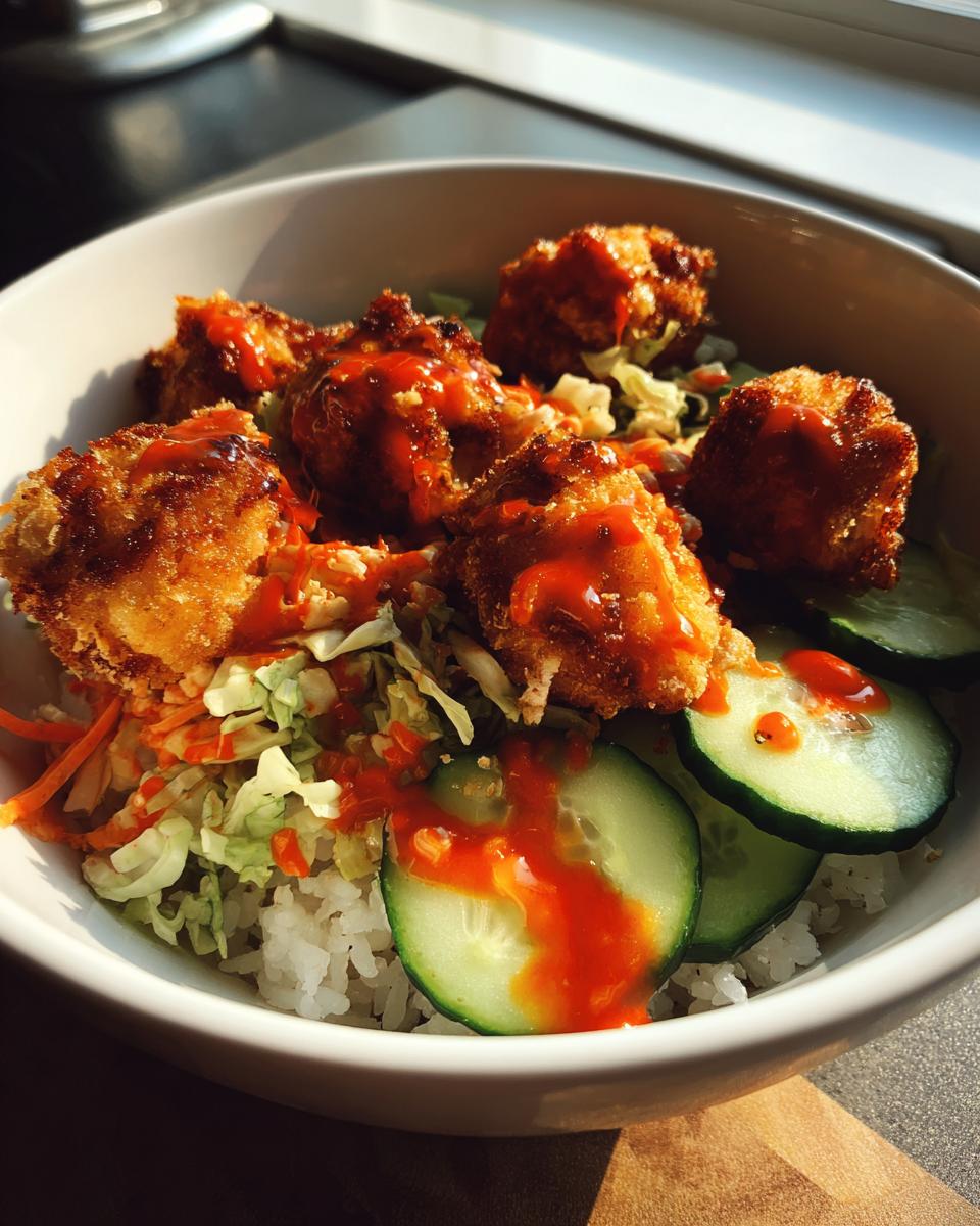 Close-up of a delicious bang bang chicken bowl featuring crispy chicken pieces, rice, slaw, and cucumber slices drizzled with orange sauce.
