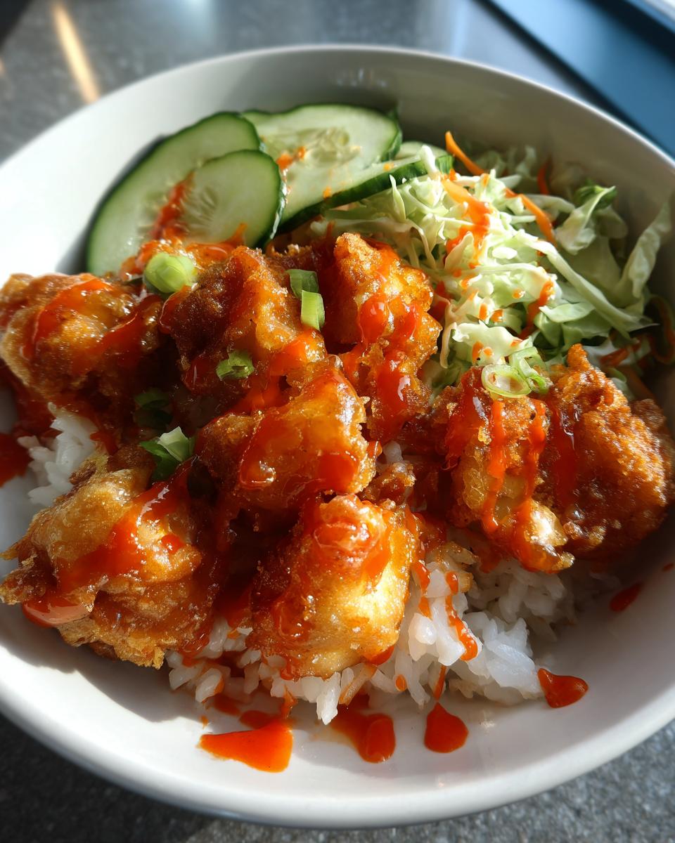 A close-up of a delicious Bang Bang Chicken Bowl featuring crispy chicken pieces drizzled with sauce over white rice, served with cucumber slices and slaw.