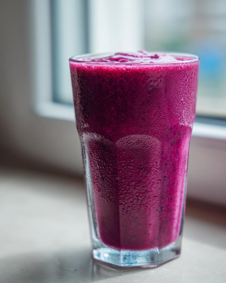 A tall, condensation-covered glass filled with a thick, vibrant purple blueberry yogurt smoothie.