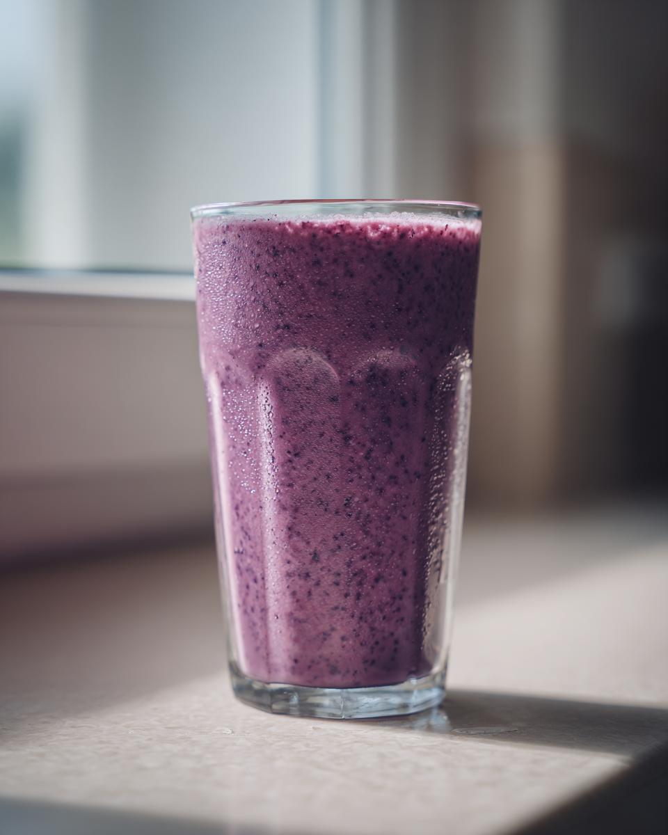A tall glass filled with a thick, purple blueberry yogurt smoothie, showing condensation on the glass.