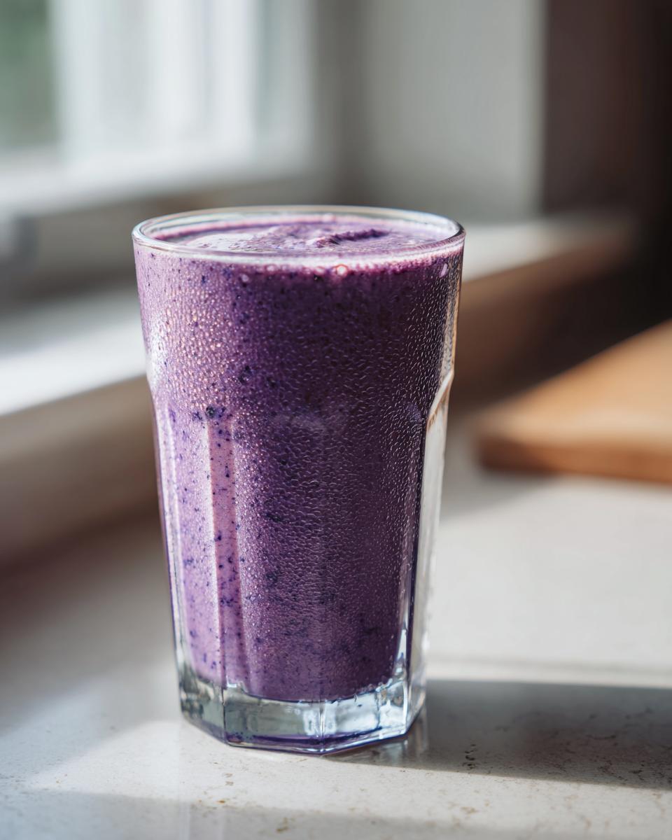 A tall glass filled with a thick, vibrant purple blueberry yogurt smoothie, condensation visible on the glass.