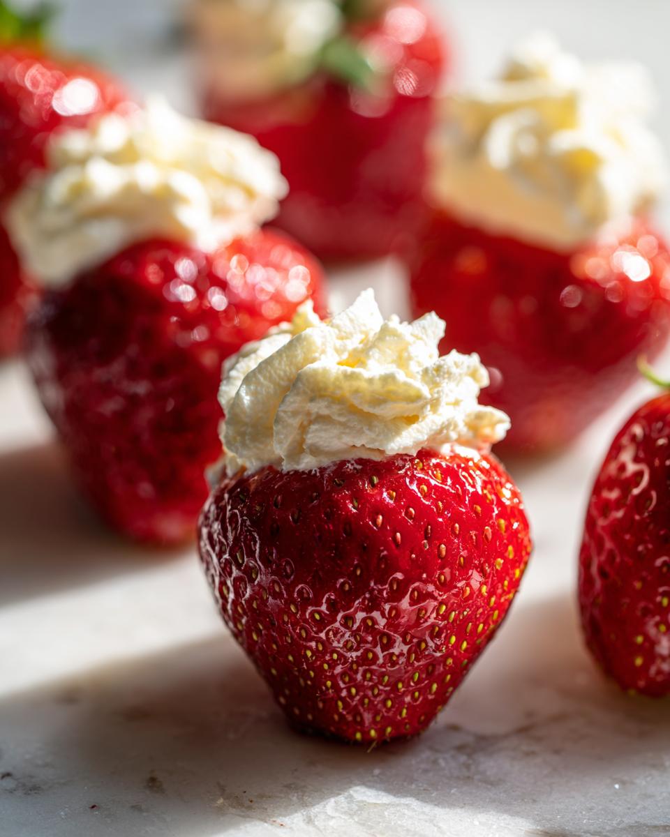 A close-up of a bright red strawberry filled with creamy white cheesecake filling, one of several cheesecake stuffed strawberries.