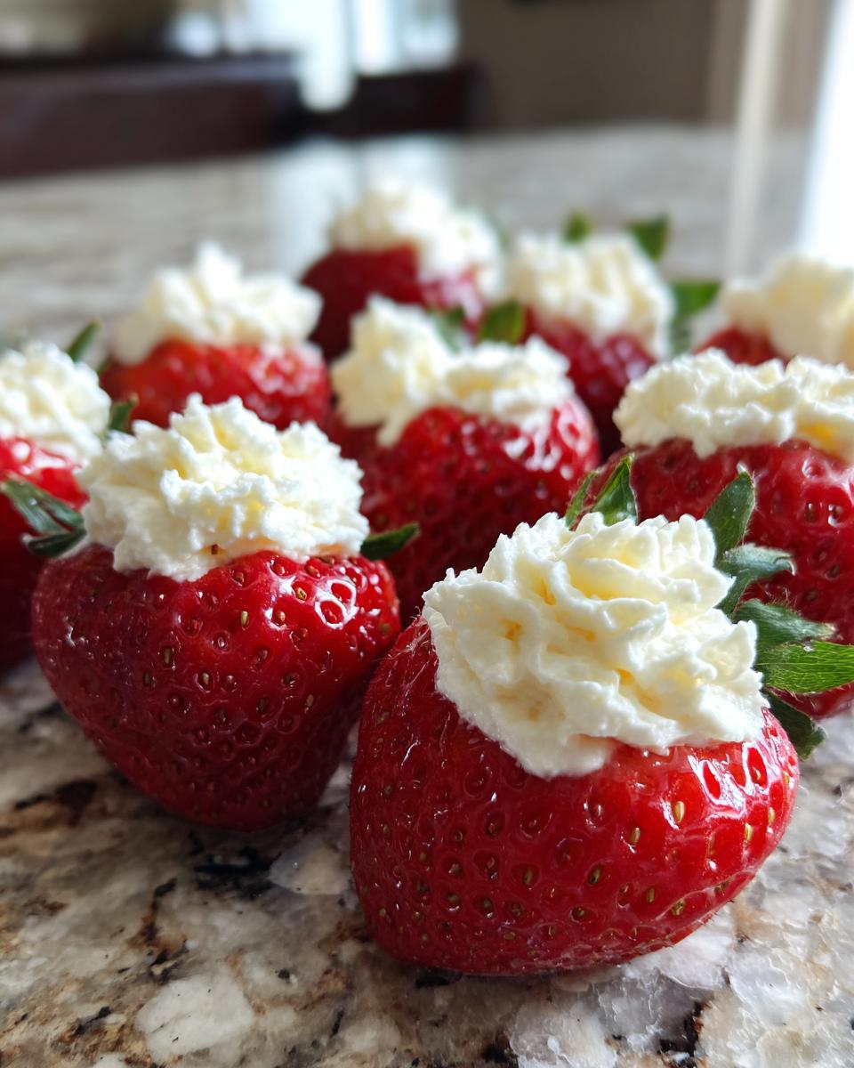 A close-up of several bright red cheesecake stuffed strawberries topped with swirls of white whipped cream.