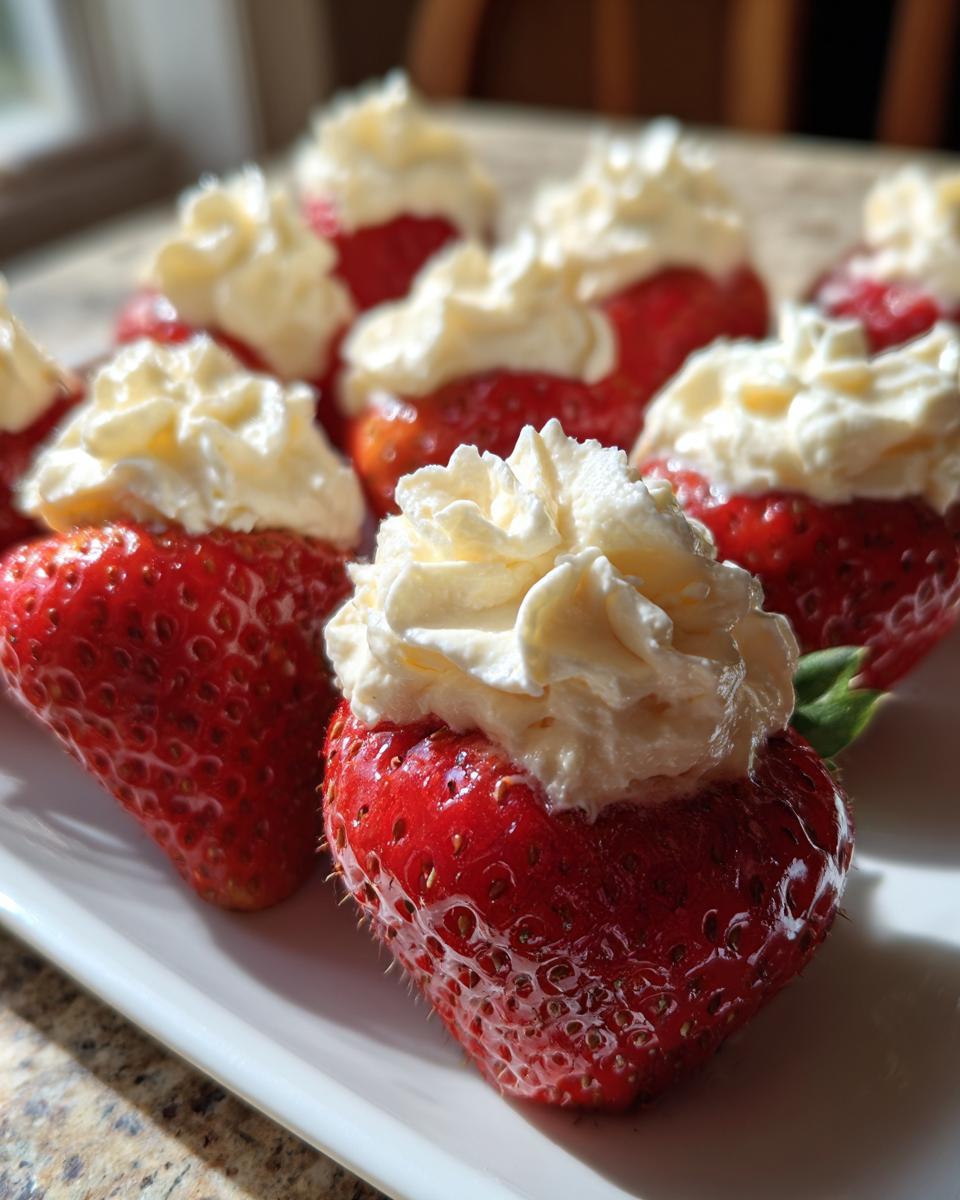 Several bright red strawberries filled with creamy white cheesecake filling and topped with whipped cream, ready to eat as cheesecake stuffed strawberries.