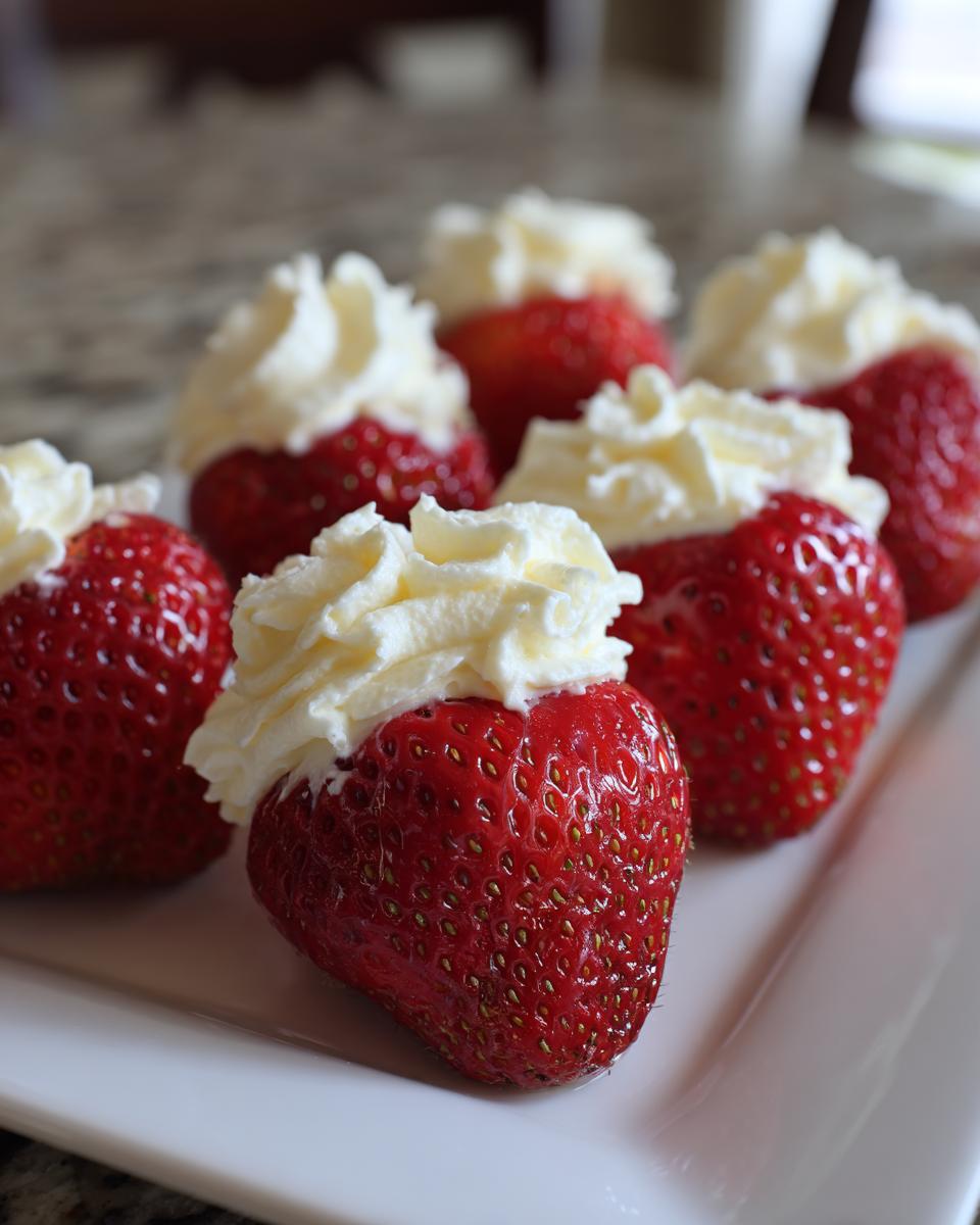 Close-up of fresh, bright red cheesecake stuffed strawberries topped with swirls of whipped cream on a white plate.