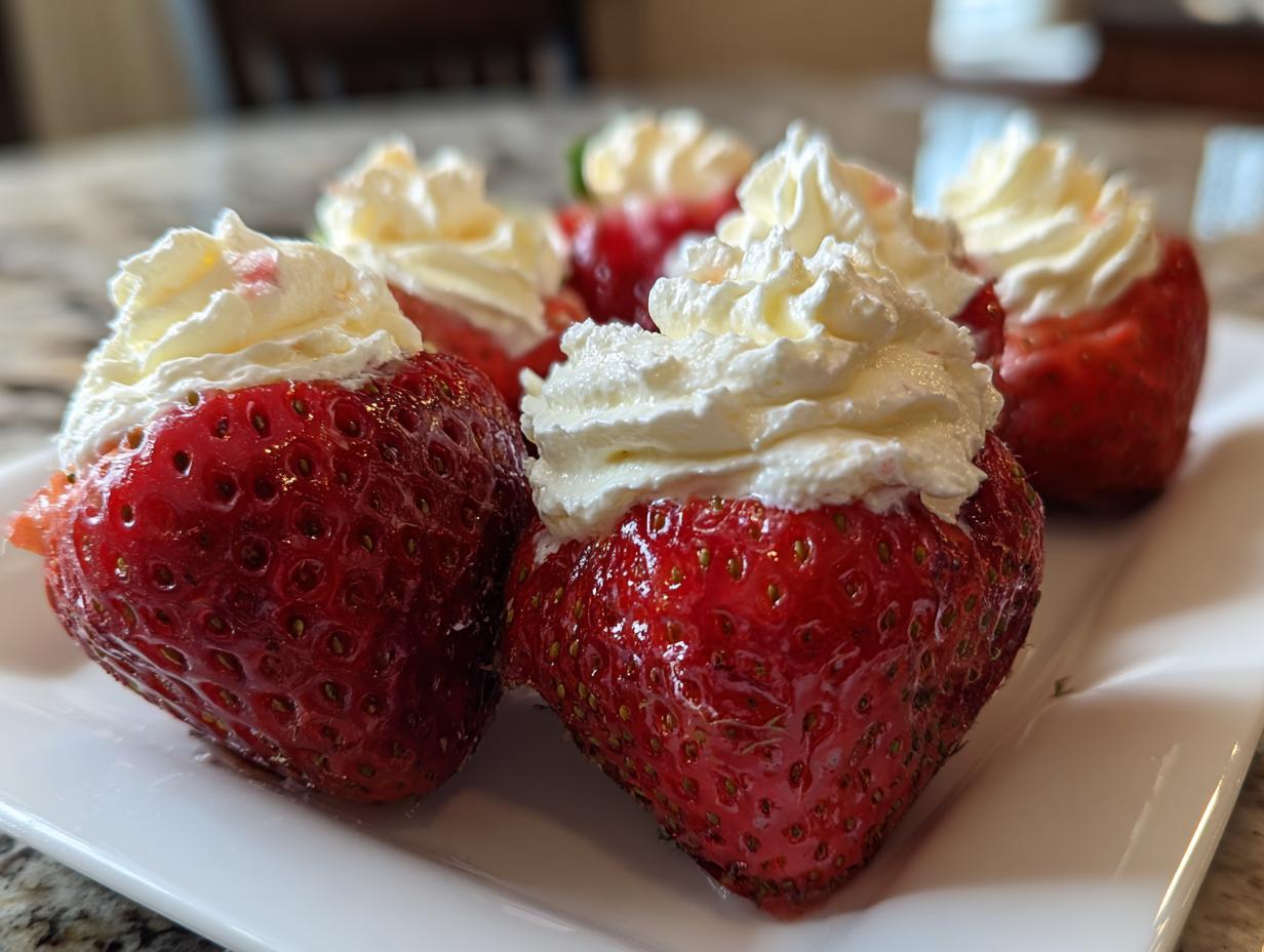 Close-up of glossy, bright red cheesecake stuffed strawberries topped generously with swirls of white whipped cream.