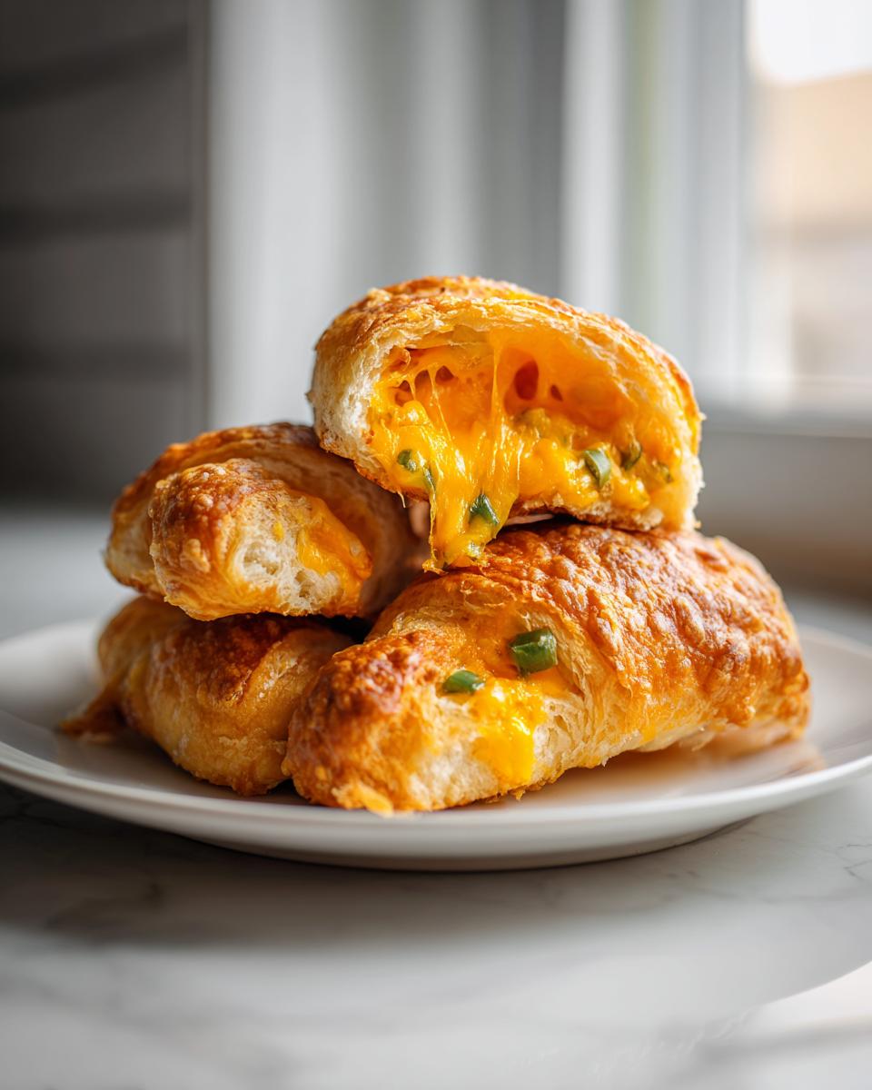 A stack of baked cheesy crescent rolls, one cut open showing gooey, melted cheddar cheese and green peppers inside.