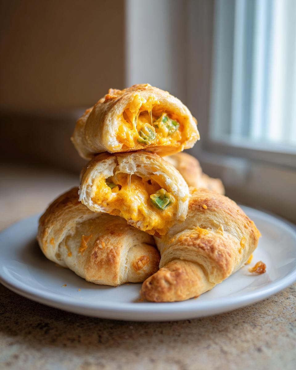 Stack of golden brown cheesy crescent rolls, one cut open showing melted cheddar cheese and green jalapeño pieces inside.