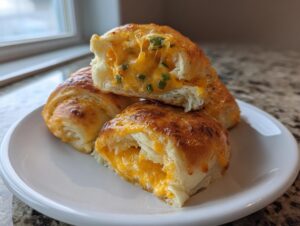 Close-up of cheesy crescent rolls cut open, showing gooey melted cheddar cheese and green onions inside.