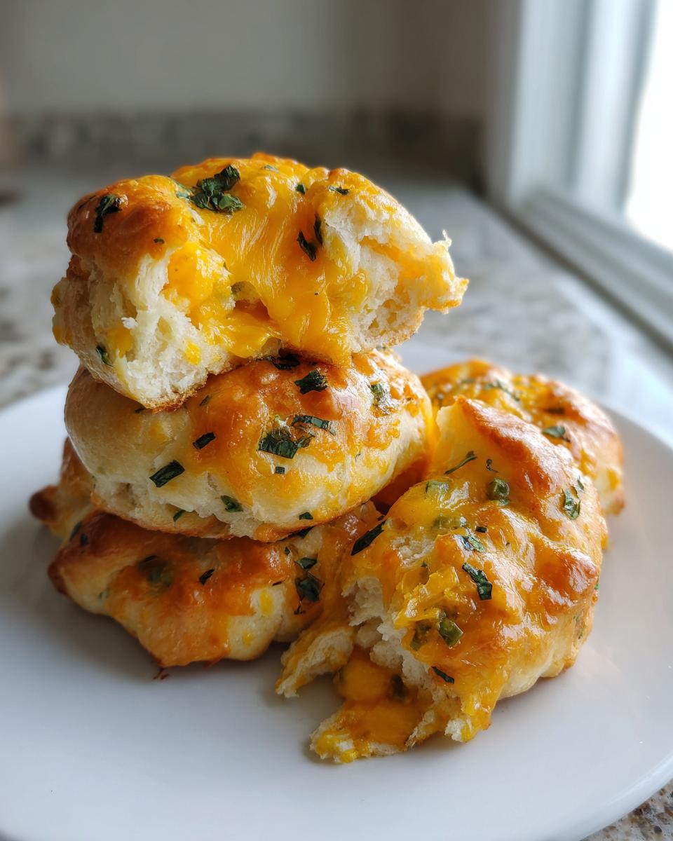 Stack of golden brown cheesy crescent rolls, one broken open to show melted cheddar cheese inside.