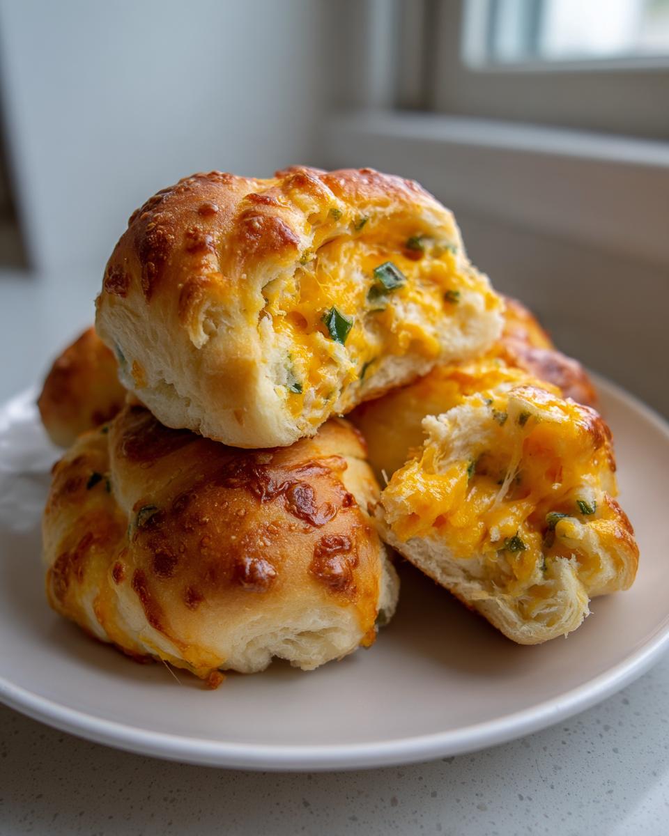 Close-up of warm, golden cheesy crescent rolls stacked on a plate, showing the gooey cheddar cheese filling inside.
