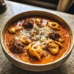 Close-up of a bowl of cheesy meatball tortellini soup, topped with melted cheese and herbs.