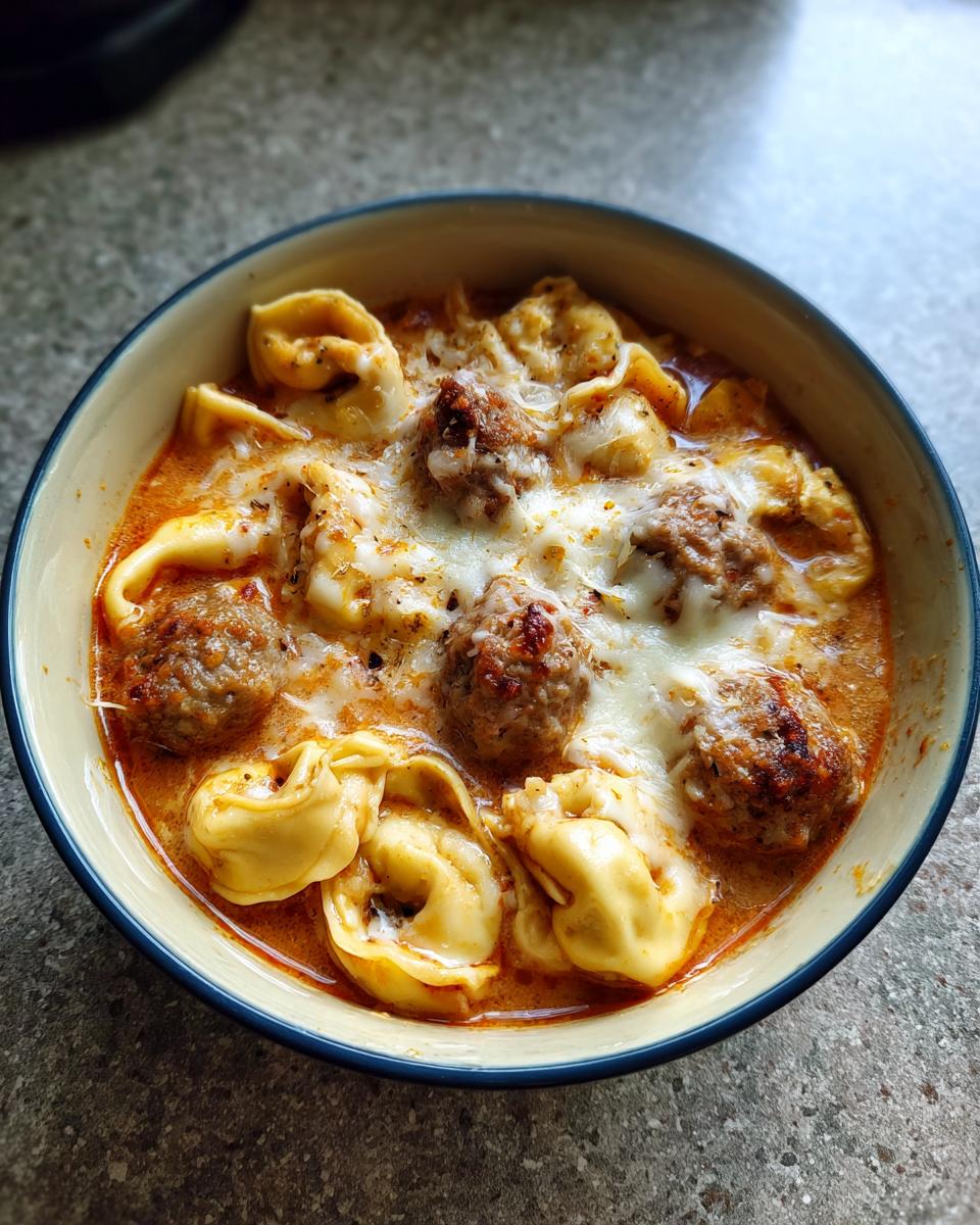 Overhead view of a hearty bowl of cheesy meatball tortellini soup topped with melted mozzarella cheese.