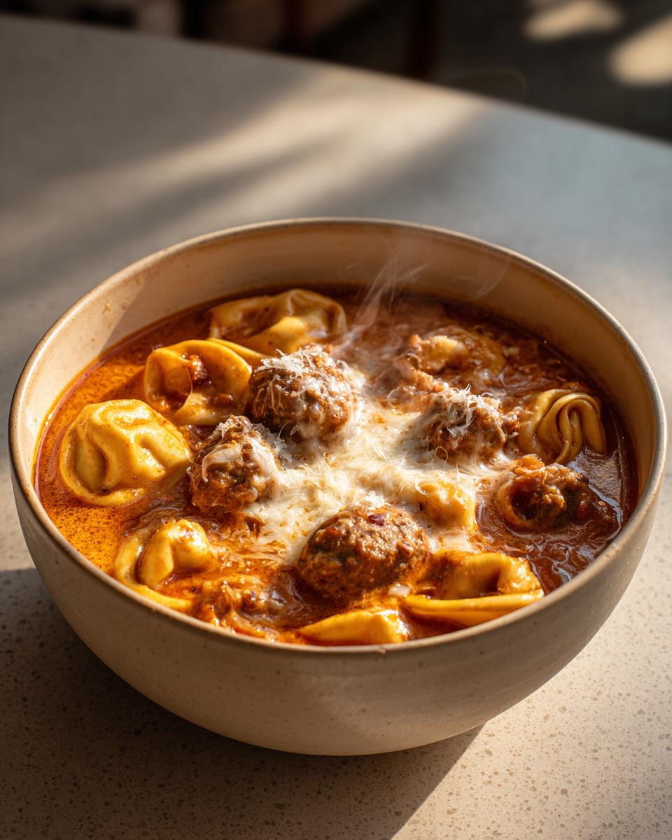 Close-up of hot, steaming cheesy meatball tortellini soup topped with melted cheese in a light-colored bowl.