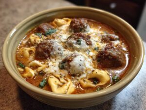 Close-up of a hearty bowl of cheesy meatball tortellini soup topped with melted cheese and herbs.