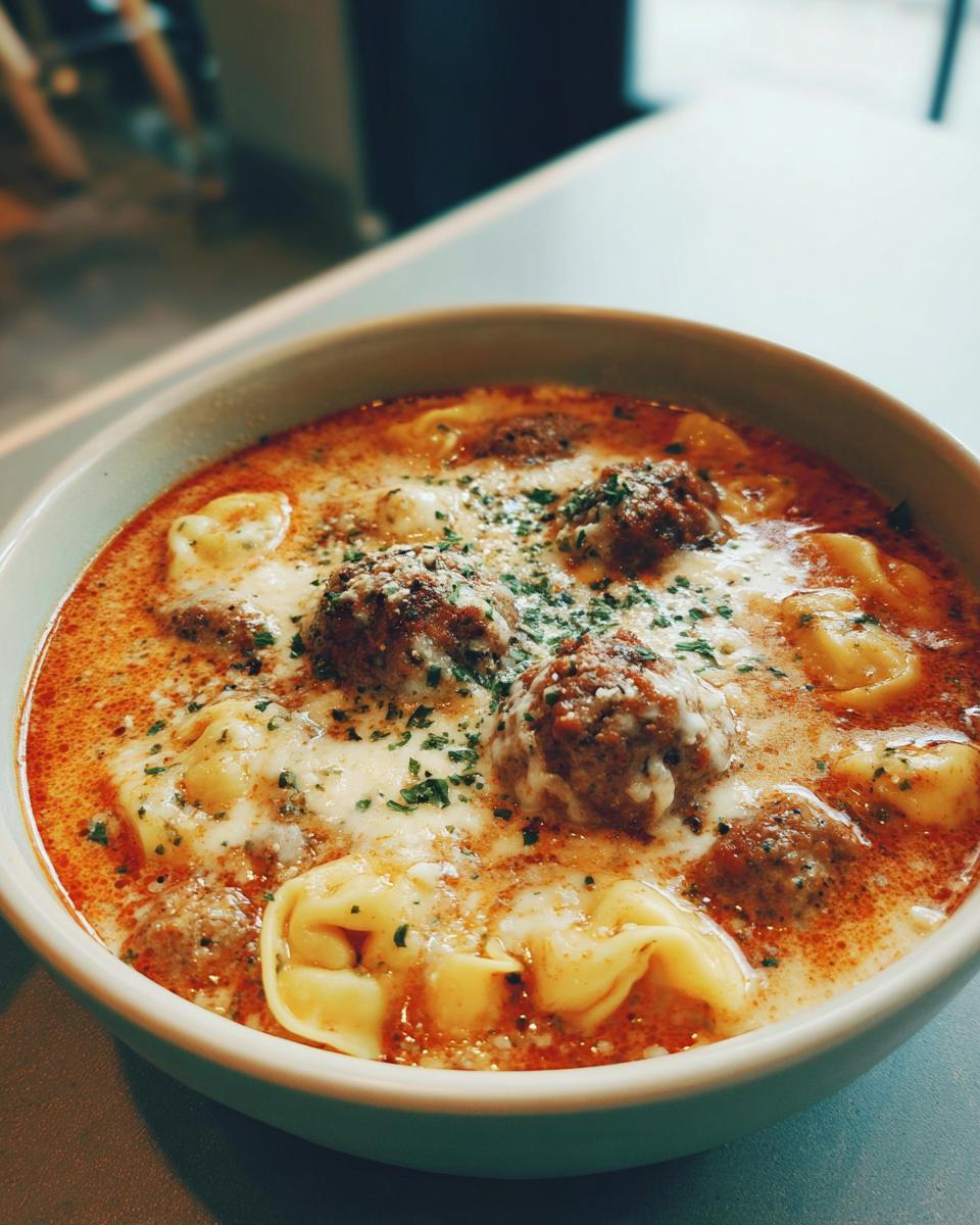 Close-up of a bowl of cheesy meatball tortellini soup, featuring meatballs, pasta, and melted cheese.