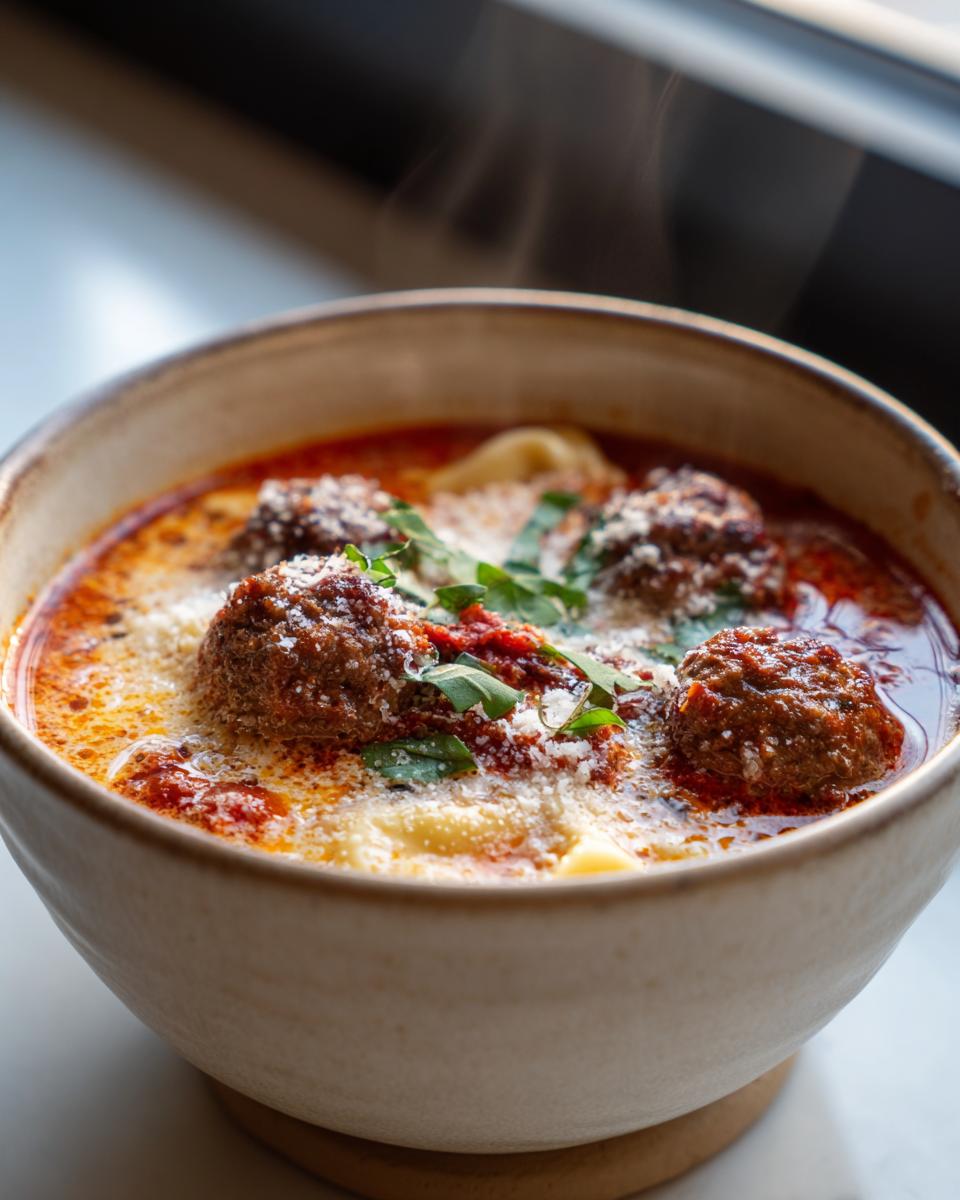 Close-up of a steaming bowl of cheesy meatball tortellini soup topped with grated cheese and fresh herbs.