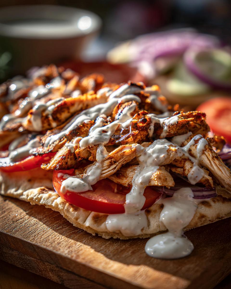 Close-up of seasoned chicken shawarma piled high on pita bread with tomatoes, onions, and drizzled with white sauce.