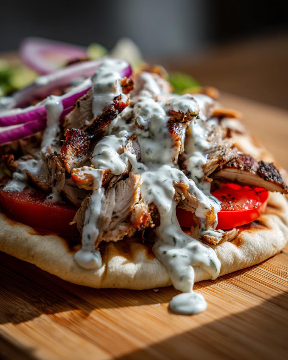 Close-up of seasoned chicken shawarma piled on a pita bread with tomato, red onion, and drizzled with white sauce.