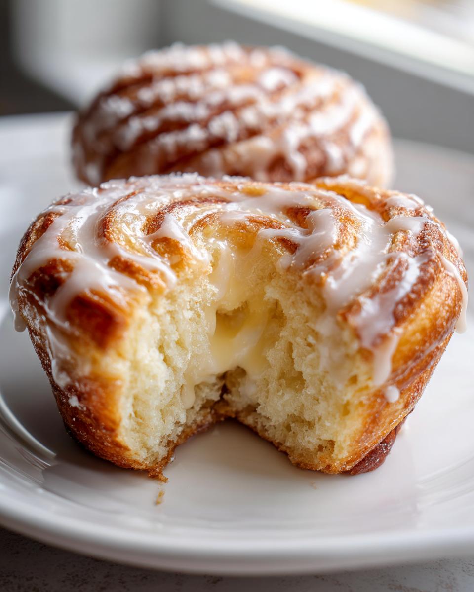 A creamy cheese cruffin, bitten into, revealing a rich filling, drizzled with white icing.
