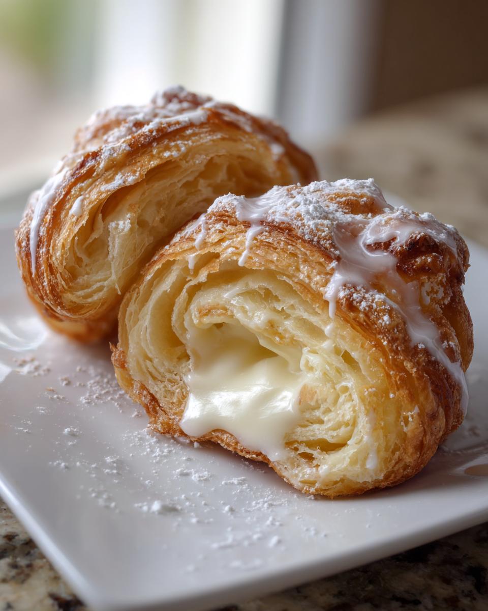 A creamy cheese cruffins pastry cut in half showing the rich, flowing filling, topped with white glaze and powdered sugar.