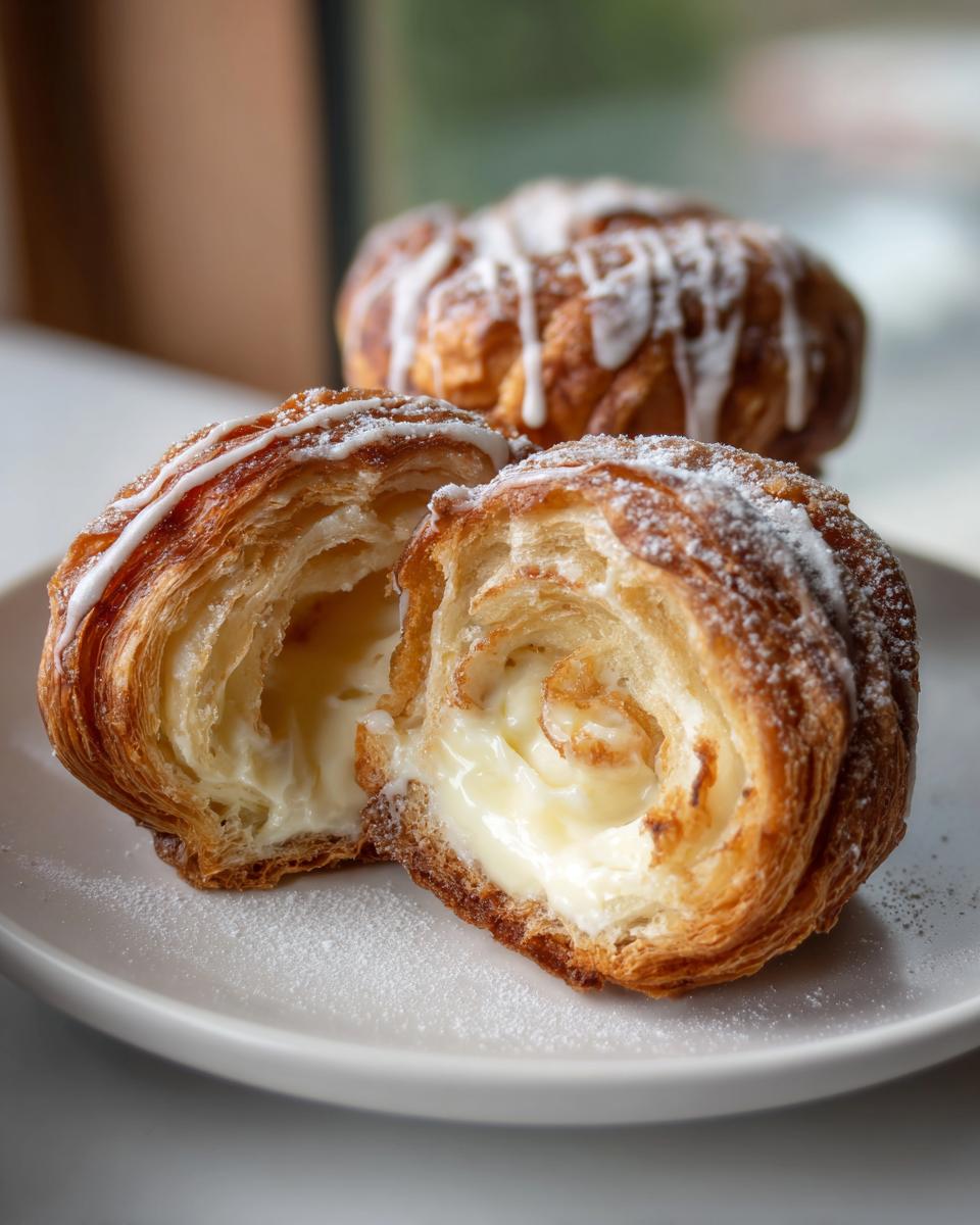A creamy cheese cruffin cut in half, revealing the rich filling, drizzled with white icing.