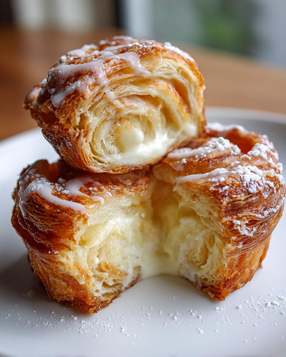 Close-up of two creamy cheese cruffins stacked, showing the flaky layers and rich cream filling inside.