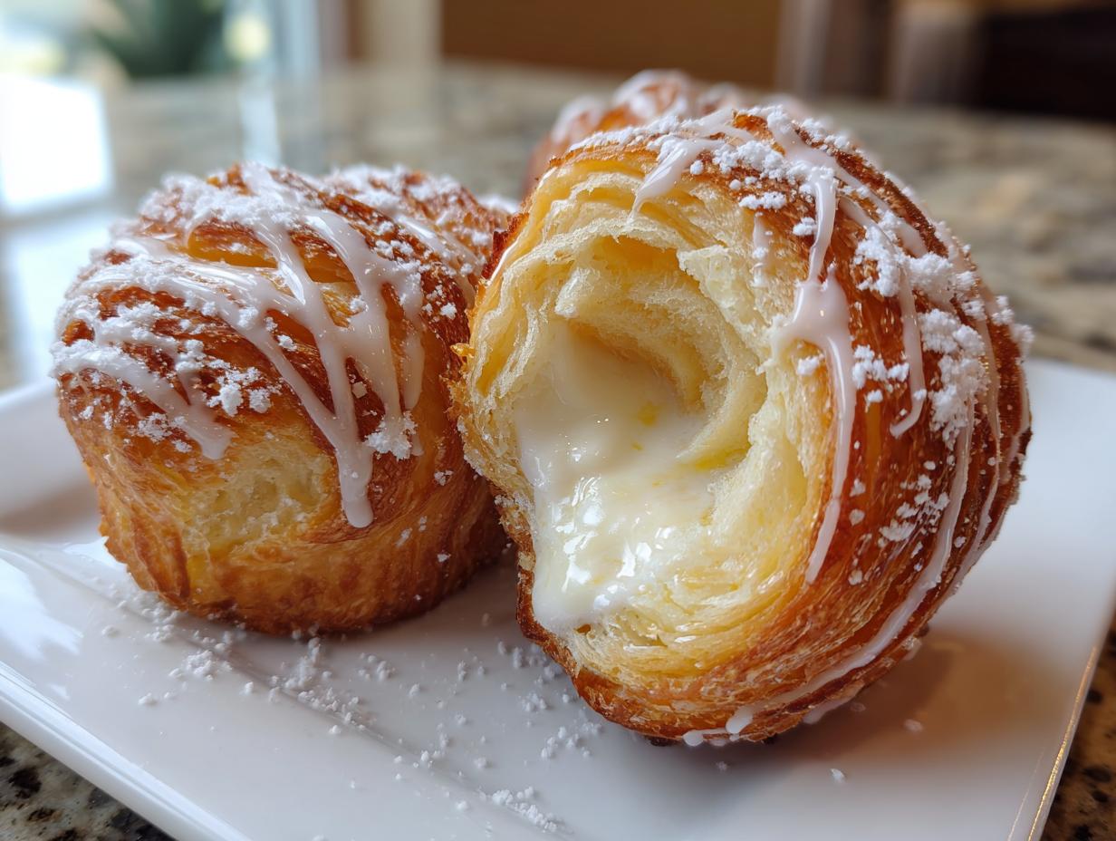 Close-up of two flaky, golden-brown creamy cheese cruffins, one cut open showing the rich filling, drizzled with white icing and powdered sugar.