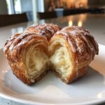A creamy cheese cruffin cut in half showing the flaky layers and rich filling, drizzled with white icing.