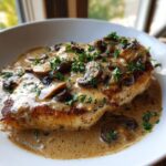 A close-up of a seared chicken breast smothered in creamy mushroom chicken sauce and topped with fresh parsley.