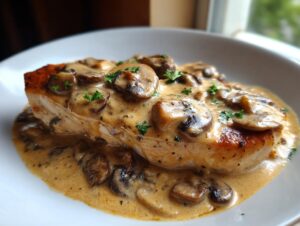 Close-up of a seared chicken breast smothered in rich, creamy mushroom chicken sauce and garnished with parsley.