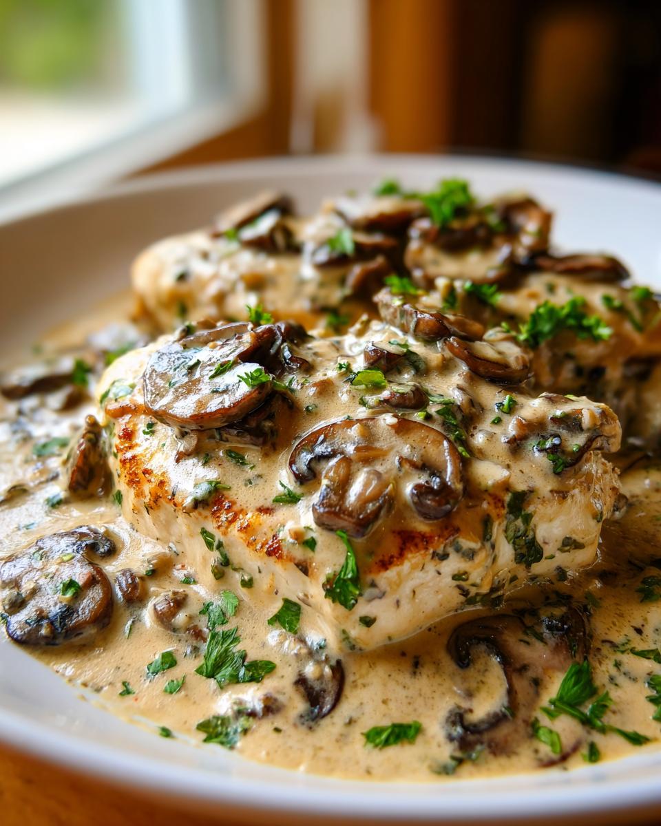 Two seared chicken breasts smothered in a rich, creamy mushroom chicken sauce and garnished with fresh parsley.
