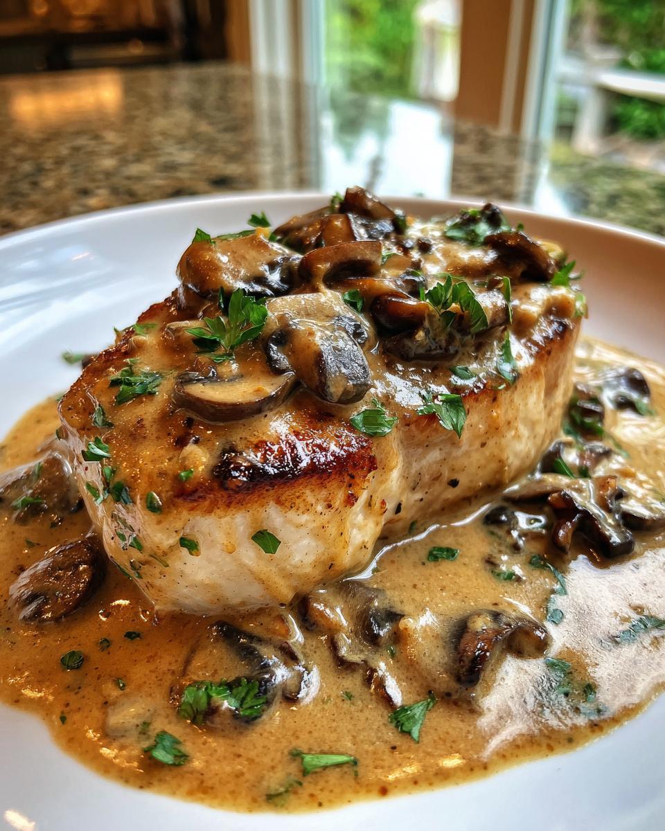 Close-up of a seared chicken breast smothered in rich, creamy mushroom sauce and fresh parsley.