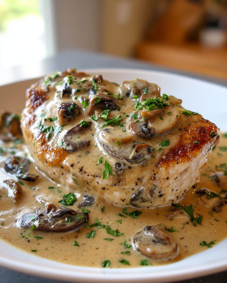 A perfectly seared chicken breast smothered in rich, creamy mushroom chicken sauce and garnished with fresh parsley.