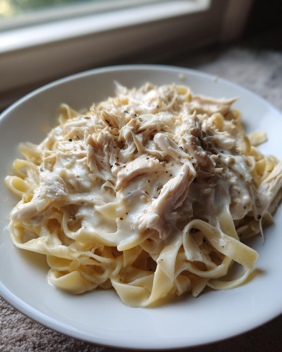 A white bowl filled with fettuccine pasta topped with creamy sauce and shredded crockpot olive garden chicken.