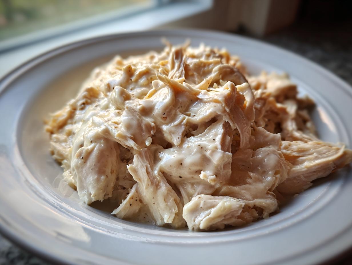 Close-up of shredded chicken coated in a creamy sauce, representing the Crockpot Olive Garden Chicken recipe.