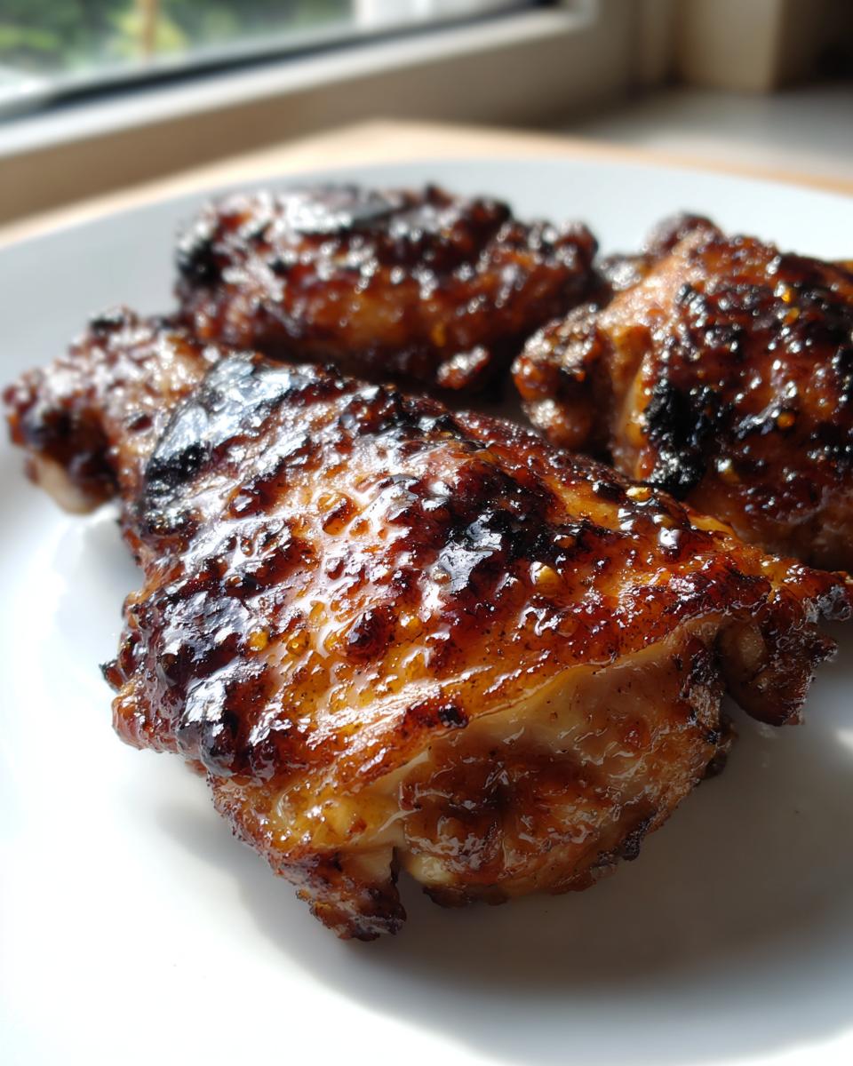 Close-up of three beautifully glazed and caramelized marinated chicken thighs resting on a white plate.