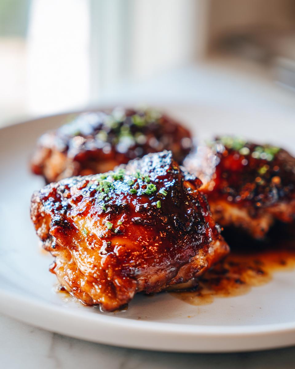 Close-up of three sticky, glazed marinated chicken thighs garnished with chopped green herbs on a white plate.