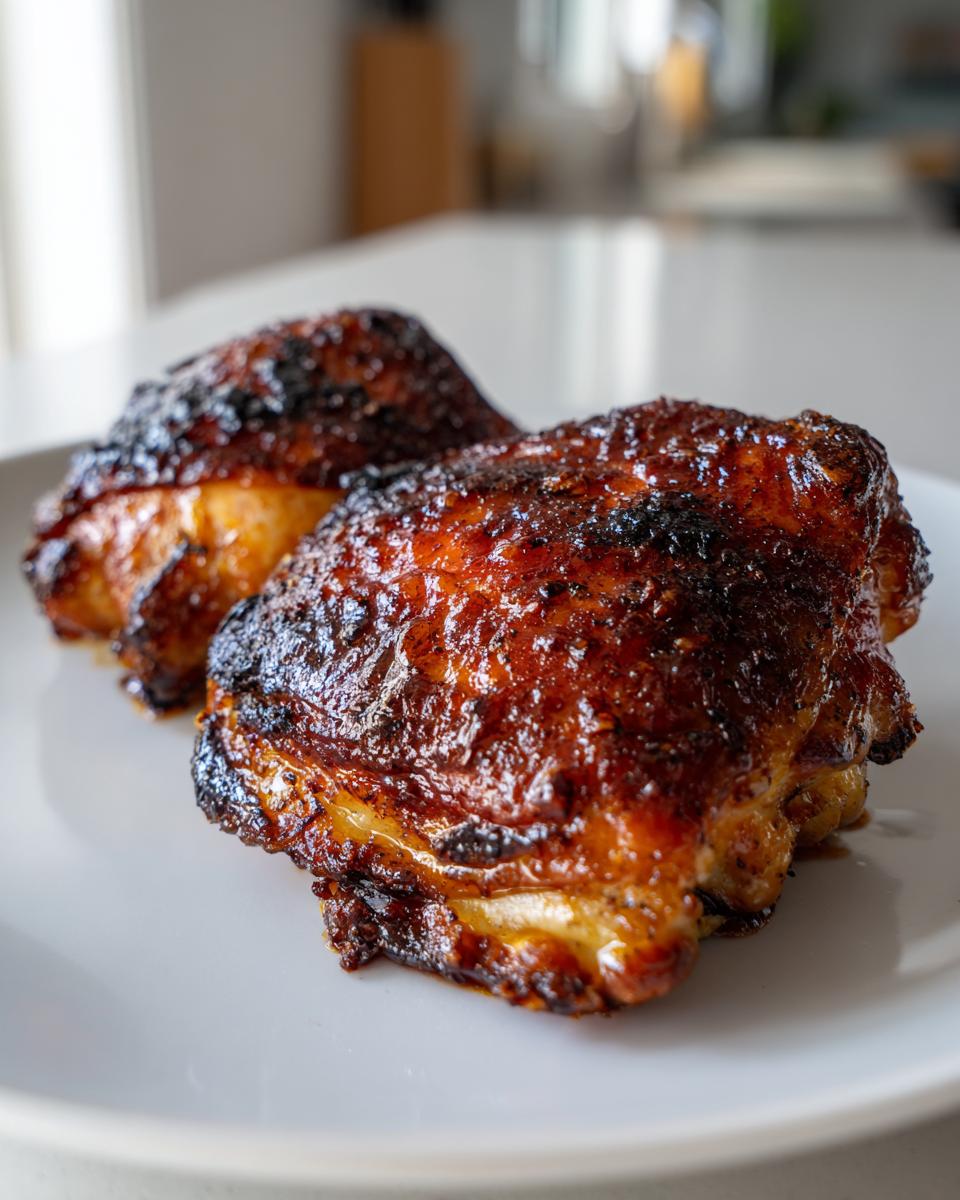 Close-up of two beautifully caramelized and glazed marinated chicken thighs resting on a light gray plate.