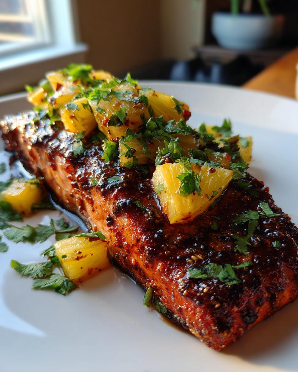 Close-up of a perfectly glazed pineapple salmon fillet topped with chunks of pineapple and fresh cilantro.