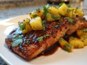 Close-up of a glazed salmon fillet topped with caramelized pineapple chunks and fresh cilantro, showcasing the amazing pineapple salmon recipe.